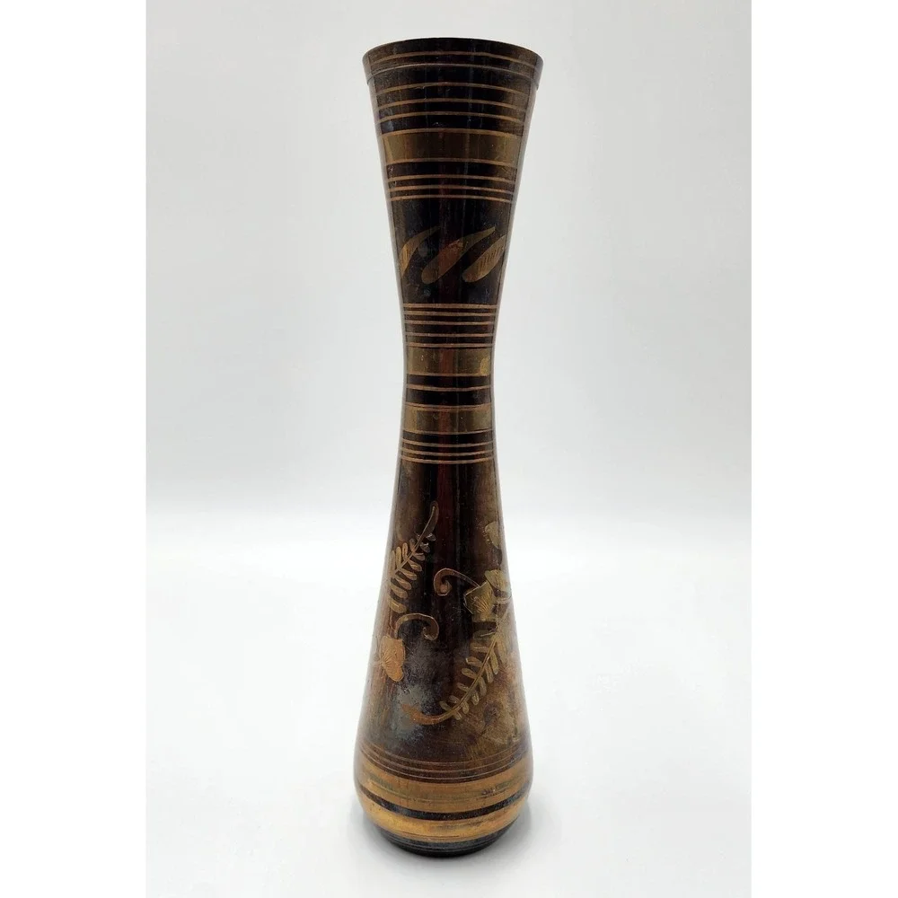 DECORATIVE‎ BRASS FLORAL ETCHED VASE INDIAN ORIGIN